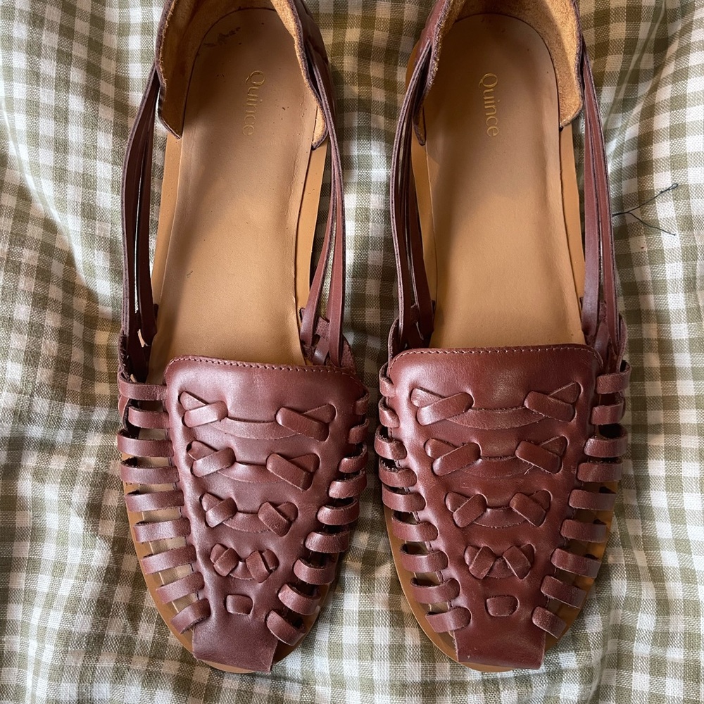 Quince Brown Leather Flats with Woven Design